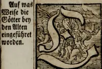An illustration from Iconologia deorum, oder Abbildung der Götter : welche von den alten verehret Worden ; ais dem Welt-berümtesten Antichen der Griechischen und Römischen Statuen, auch in Marmel, Porfido-Stein, Metall, Agat, Onyx, Sardonich und andren Edelsteinen befindlichen Bildereyen, sorgfältig abgesehen, samt dero eigentlicher Beschreibung und Erklärung der Heidnischen Tempel-Ceremonien, auch Vorbildung der thiere und anderer Sachen, die auf hieroglyphische und emblematische Art, nach Weise der Egyptischen Schrifften, schicklich können vorgebracht und auf einen gewissen Verstand gerichtet werden ; deme allem vorgefügt ist, des durchleuchtigen Palm-Ordens der Hochlöbl. fruchtbringenden Gesellschaft auf dem Parnass aufgestellter ehren-Tempel (1680)