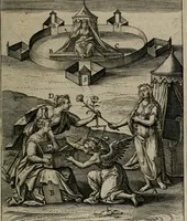 An illustration from Christeliicken waerseggher : de principale stucken van t'Christen geloof en Leuen int cort begrijpende : met een rolle der deugtsaemheyt daer op dienende : ende een schildt-wacht teghen de valsche waersegghers, tooueraers, etc. (1603)