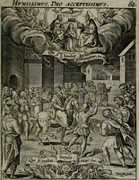An illustration from Christeliicken waerseggher : de principale stucken van t'Christen geloof en Leuen int cort begrijpende : met een rolle der deugtsaemheyt daer op dienende : ende een schildt-wacht teghen de valsche waersegghers, tooueraers, etc. (1603)