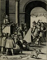 An illustration from Christeliicken waerseggher : de principale stucken van t'Christen geloof en Leuen int cort begrijpende : met een rolle der deugtsaemheyt daer op dienende : ende een schildt-wacht teghen de valsche waersegghers, tooueraers, etc. (1603)
