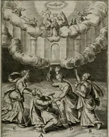An illustration from Christeliicken waerseggher : de principale stucken van t'Christen geloof en Leuen int cort begrijpende : met een rolle der deugtsaemheyt daer op dienende : ende een schildt-wacht teghen de valsche waersegghers, tooueraers, etc. (1603)