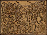 An illustration from Chronica del rey Don Rodrigo, con la destruycion de España, y como los moros la ganaron. Nueuam ante corregida. Contiene de mas de la historia muchas viuas razones, y auisos muy prouechosos (1587)