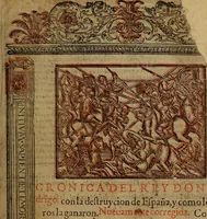 An illustration from Chronica del rey Don Rodrigo, con la destruycion de España, y como los moros la ganaron. Nueuam ante corregida. Contiene de mas de la historia muchas viuas razones, y auisos muy prouechosos (1587)