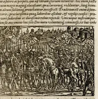 An illustration from Chronicorvm Tvrcicorvm, in quibus Tvrcorvm origo, principes, imperatores, bella, praelia, caedes, victoriae, reiqve militaris ratio, et caetera huc pertinentia ... exponuntur; et Mahometicae religionis instituta, iudiciorumq. processus, & aulae constitutio; procerum item ac populi mores, vitaeq. degendae ratio percensetur: accessere, Narratio de Baiazethis filiorvm seditionibvs; Tvrcicarvm item rerum epitome; ... et Iohannis Aventini Liber, in quo causae miseriarum, quibus Christiana respub. premitur, indicantur ... tomvs primvs (1578)