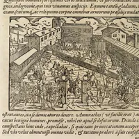 An illustration from Chronicorvm Tvrcicorvm, in quibus Tvrcorvm origo, principes, imperatores, bella, praelia, caedes, victoriae, reiqve militaris ratio, et caetera huc pertinentia ... exponuntur; et Mahometicae religionis instituta, iudiciorumq. processus, & aulae constitutio; procerum item ac populi mores, vitaeq. degendae ratio percensetur: accessere, Narratio de Baiazethis filiorvm seditionibvs; Tvrcicarvm item rerum epitome; ... et Iohannis Aventini Liber, in quo causae miseriarum, quibus Christiana respub. premitur, indicantur ... tomvs primvs (1578)