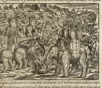 An illustration from Chronicorvm Tvrcicorvm, in quibus Tvrcorvm origo, principes, imperatores, bella, praelia, caedes, victoriae, reiqve militaris ratio, et caetera huc pertinentia ... exponuntur; et Mahometicae religionis instituta, iudiciorumq. processus, & aulae constitutio; procerum item ac populi mores, vitaeq. degendae ratio percensetur: accessere, Narratio de Baiazethis filiorvm seditionibvs; Tvrcicarvm item rerum epitome; ... et Iohannis Aventini Liber, in quo causae miseriarum, quibus Christiana respub. premitur, indicantur ... tomvs primvs (1578)