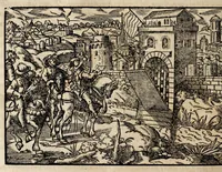 An illustration from Chronicorvm Tvrcicorvm, in quibus Tvrcorvm origo, principes, imperatores, bella, praelia, caedes, victoriae, reiqve militaris ratio, et caetera huc pertinentia ... exponuntur; et Mahometicae religionis instituta, iudiciorumq. processus, & aulae constitutio; procerum item ac populi mores, vitaeq. degendae ratio percensetur: accessere, Narratio de Baiazethis filiorvm seditionibvs; Tvrcicarvm item rerum epitome; ... et Iohannis Aventini Liber, in quo causae miseriarum, quibus Christiana respub. premitur, indicantur ... tomvs primvs (1578)