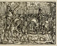 An illustration from Chronicorvm Tvrcicorvm, in quibus Tvrcorvm origo, principes, imperatores, bella, praelia, caedes, victoriae, reiqve militaris ratio, et caetera huc pertinentia ... exponuntur; et Mahometicae religionis instituta, iudiciorumq. processus, & aulae constitutio; procerum item ac populi mores, vitaeq. degendae ratio percensetur: accessere, Narratio de Baiazethis filiorvm seditionibvs; Tvrcicarvm item rerum epitome; ... et Iohannis Aventini Liber, in quo causae miseriarum, quibus Christiana respub. premitur, indicantur ... tomvs primvs (1578)