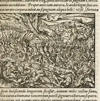 An illustration from Chronicorvm Tvrcicorvm, in quibus Tvrcorvm origo, principes, imperatores, bella, praelia, caedes, victoriae, reiqve militaris ratio, et caetera huc pertinentia ... exponuntur; et Mahometicae religionis instituta, iudiciorumq. processus, & aulae constitutio; procerum item ac populi mores, vitaeq. degendae ratio percensetur: accessere, Narratio de Baiazethis filiorvm seditionibvs; Tvrcicarvm item rerum epitome; ... et Iohannis Aventini Liber, in quo causae miseriarum, quibus Christiana respub. premitur, indicantur ... tomvs primvs (1578)
