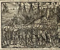 An illustration from Chronicorvm Tvrcicorvm, in quibus Tvrcorvm origo, principes, imperatores, bella, praelia, caedes, victoriae, reiqve militaris ratio, et caetera huc pertinentia ... exponuntur; et Mahometicae religionis instituta, iudiciorumq. processus, & aulae constitutio; procerum item ac populi mores, vitaeq. degendae ratio percensetur: accessere, Narratio de Baiazethis filiorvm seditionibvs; Tvrcicarvm item rerum epitome; ... et Iohannis Aventini Liber, in quo causae miseriarum, quibus Christiana respub. premitur, indicantur ... tomvs primvs (1578)