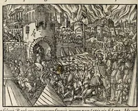 An illustration from Chronicorvm Tvrcicorvm, in quibus Tvrcorvm origo, principes, imperatores, bella, praelia, caedes, victoriae, reiqve militaris ratio, et caetera huc pertinentia ... exponuntur; et Mahometicae religionis instituta, iudiciorumq. processus, & aulae constitutio; procerum item ac populi mores, vitaeq. degendae ratio percensetur: accessere, Narratio de Baiazethis filiorvm seditionibvs; Tvrcicarvm item rerum epitome; ... et Iohannis Aventini Liber, in quo causae miseriarum, quibus Christiana respub. premitur, indicantur ... tomvs primvs (1578)