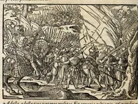 An illustration from Chronicorvm Tvrcicorvm, in quibus Tvrcorvm origo, principes, imperatores, bella, praelia, caedes, victoriae, reiqve militaris ratio, et caetera huc pertinentia ... exponuntur; et Mahometicae religionis instituta, iudiciorumq. processus, & aulae constitutio; procerum item ac populi mores, vitaeq. degendae ratio percensetur: accessere, Narratio de Baiazethis filiorvm seditionibvs; Tvrcicarvm item rerum epitome; ... et Iohannis Aventini Liber, in quo causae miseriarum, quibus Christiana respub. premitur, indicantur ... tomvs primvs (1578)