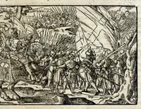An illustration from Chronicorvm Tvrcicorvm, in quibus Tvrcorvm origo, principes, imperatores, bella, praelia, caedes, victoriae, reiqve militaris ratio, et caetera huc pertinentia ... exponuntur; et Mahometicae religionis instituta, iudiciorumq. processus, & aulae constitutio; procerum item ac populi mores, vitaeq. degendae ratio percensetur: accessere, Narratio de Baiazethis filiorvm seditionibvs; Tvrcicarvm item rerum epitome; ... et Iohannis Aventini Liber, in quo causae miseriarum, quibus Christiana respub. premitur, indicantur ... tomvs primvs (1578)
