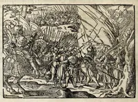 An illustration from Chronicorvm Tvrcicorvm, in quibus Tvrcorvm origo, principes, imperatores, bella, praelia, caedes, victoriae, reiqve militaris ratio, et caetera huc pertinentia ... exponuntur; et Mahometicae religionis instituta, iudiciorumq. processus, & aulae constitutio; procerum item ac populi mores, vitaeq. degendae ratio percensetur: accessere, Narratio de Baiazethis filiorvm seditionibvs; Tvrcicarvm item rerum epitome; ... et Iohannis Aventini Liber, in quo causae miseriarum, quibus Christiana respub. premitur, indicantur ... tomvs primvs (1578)
