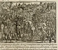 An illustration from Chronicorvm Tvrcicorvm, in quibus Tvrcorvm origo, principes, imperatores, bella, praelia, caedes, victoriae, reiqve militaris ratio, et caetera huc pertinentia ... exponuntur; et Mahometicae religionis instituta, iudiciorumq. processus, & aulae constitutio; procerum item ac populi mores, vitaeq. degendae ratio percensetur: accessere, Narratio de Baiazethis filiorvm seditionibvs; Tvrcicarvm item rerum epitome; ... et Iohannis Aventini Liber, in quo causae miseriarum, quibus Christiana respub. premitur, indicantur ... tomvs primvs (1578)