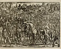 An illustration from Chronicorvm Tvrcicorvm, in quibus Tvrcorvm origo, principes, imperatores, bella, praelia, caedes, victoriae, reiqve militaris ratio, et caetera huc pertinentia ... exponuntur; et Mahometicae religionis instituta, iudiciorumq. processus, & aulae constitutio; procerum item ac populi mores, vitaeq. degendae ratio percensetur: accessere, Narratio de Baiazethis filiorvm seditionibvs; Tvrcicarvm item rerum epitome; ... et Iohannis Aventini Liber, in quo causae miseriarum, quibus Christiana respub. premitur, indicantur ... tomvs primvs (1578)