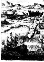 An illustration from Nouveau voyage autour du monde [microforme] : où l'on décrit en particulier l'Isthme de l'Amerique, plusieurs côtes et isles des Indes Occidentales, les Isles du Cap Verd, le passage par la Terre del Fuego, les côtes meridionales du Chili, du Perou & du Mexique; l'Isle de Guam, Mindanao, & des autres Philippines, les isles orientales qui sont prés de Cambodie; de la Chine; Formosa; Luçon, Celebes, &c., la Nouvelle Hollande, les Isles de Sumatra, de Nicobar & de Sainte Helene & le Cap de Bonne Esperance : où l'on traite des differens terroirs de tous ces pais, de leurs ports, des plantes, des fruits & des animaux qu'on y trouve; de leurs habitans, de leurs coûtumes, de leur religion, de leur gouvernement, de leur negoce, &c. (1698)