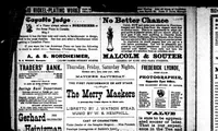 An illustration from The First performance on any stage of The merry maskers [microform] : a present-day comic opera in three acts : libretto by J. Watson Stead, music by W.S. Hemphill ... : cast of characters : Violet (leader of the Seraphic Singers) ......Miss Poussett ... chorus of Seraphic Singers, waiters, students, masqueraders and professors (1894)