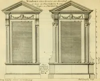 An illustration from The city and country builder's and workman's treasury of designs : or, The art of drawing and working the ornamental parts of architecture. Illustrated by upwards of four hundred grand designs, neatly engraved one hundred and eighty-fix Copper plates, for piers, gates, doors, windowns, niches, buffets, cisterns, chimney pieces, tabernacle frames, pavements, frets, gulochi's, pulpits, types, altar pieces, monuments, fonts, obelisques, pedestals, for sun-dials, busto's and stone tables, book-cafes, cielings and iron works ; proprortioned by Aliquot Pars ; with an appendix of fourteen plates of strusses for girders and beams, different sorts of rafters, and a variety of roofs, &c ; to which are prefix'd the five orders of columns, according to Andrea Palladio ; whose members are apportioned by Aliquot Pars, in a more easy manner, than has yet been done ; the whole interspersed with sure rules for working all the varieties of raking members in pediments, modilions, &c. the like, for the immediate use of workmen, never published before in any language (1741)