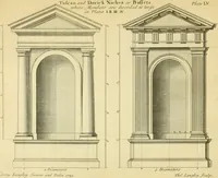 Picture 64 of 252 from The city and country builder's and workman's treasury of designs : or, The art of drawing and working the ornamental parts of architecture. Illustrated by upwards of four hundred grand designs, neatly engraved one hundred and eighty-fix Copper plates, for piers, gates, doors, windowns, niches, buffets, cisterns, chimney pieces, tabernacle frames, pavements, frets, gulochi's, pulpits, types, altar pieces, monuments, fonts, obelisques, pedestals, for sun-dials, busto's and stone tables, book-cafes, cielings and iron works ; proprortioned by Aliquot Pars ; with an appendix of fourteen plates of strusses for girders and beams, different sorts of rafters, and a variety of roofs, &c ; to which are prefix'd the five orders of columns, according to Andrea Palladio ; whose members are apportioned by Aliquot Pars, in a more easy manner, than has yet been done ; the whole interspersed with sure rules for working all the varieties of raking members in pediments, modilions, &c. the like, for the immediate use of workmen, never published before in any language (1741), leaf 136