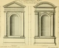 An illustration from The city and country builder's and workman's treasury of designs : or, The art of drawing and working the ornamental parts of architecture. Illustrated by upwards of four hundred grand designs, neatly engraved one hundred and eighty-fix Copper plates, for piers, gates, doors, windowns, niches, buffets, cisterns, chimney pieces, tabernacle frames, pavements, frets, gulochi's, pulpits, types, altar pieces, monuments, fonts, obelisques, pedestals, for sun-dials, busto's and stone tables, book-cafes, cielings and iron works ; proprortioned by Aliquot Pars ; with an appendix of fourteen plates of strusses for girders and beams, different sorts of rafters, and a variety of roofs, &c ; to which are prefix'd the five orders of columns, according to Andrea Palladio ; whose members are apportioned by Aliquot Pars, in a more easy manner, than has yet been done ; the whole interspersed with sure rules for working all the varieties of raking members in pediments, modilions, &c. the like, for the immediate use of workmen, never published before in any language (1741)