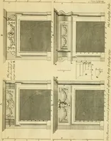 An illustration from The city and country builder's and workman's treasury of designs : or, The art of drawing and working the ornamental parts of architecture. Illustrated by upwards of four hundred grand designs, neatly engraved one hundred and eighty-fix Copper plates, for piers, gates, doors, windowns, niches, buffets, cisterns, chimney pieces, tabernacle frames, pavements, frets, gulochi's, pulpits, types, altar pieces, monuments, fonts, obelisques, pedestals, for sun-dials, busto's and stone tables, book-cafes, cielings and iron works ; proprortioned by Aliquot Pars ; with an appendix of fourteen plates of strusses for girders and beams, different sorts of rafters, and a variety of roofs, &c ; to which are prefix'd the five orders of columns, according to Andrea Palladio ; whose members are apportioned by Aliquot Pars, in a more easy manner, than has yet been done ; the whole interspersed with sure rules for working all the varieties of raking members in pediments, modilions, &c. the like, for the immediate use of workmen, never published before in any language (1741)