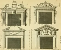 An illustration from The city and country builder's and workman's treasury of designs : or, The art of drawing and working the ornamental parts of architecture. Illustrated by upwards of four hundred grand designs, neatly engraved one hundred and eighty-fix Copper plates, for piers, gates, doors, windowns, niches, buffets, cisterns, chimney pieces, tabernacle frames, pavements, frets, gulochi's, pulpits, types, altar pieces, monuments, fonts, obelisques, pedestals, for sun-dials, busto's and stone tables, book-cafes, cielings and iron works ; proprortioned by Aliquot Pars ; with an appendix of fourteen plates of strusses for girders and beams, different sorts of rafters, and a variety of roofs, &c ; to which are prefix'd the five orders of columns, according to Andrea Palladio ; whose members are apportioned by Aliquot Pars, in a more easy manner, than has yet been done ; the whole interspersed with sure rules for working all the varieties of raking members in pediments, modilions, &c. the like, for the immediate use of workmen, never published before in any language (1741)