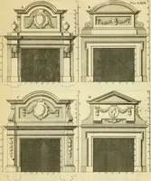 An illustration from The city and country builder's and workman's treasury of designs : or, The art of drawing and working the ornamental parts of architecture. Illustrated by upwards of four hundred grand designs, neatly engraved one hundred and eighty-fix Copper plates, for piers, gates, doors, windowns, niches, buffets, cisterns, chimney pieces, tabernacle frames, pavements, frets, gulochi's, pulpits, types, altar pieces, monuments, fonts, obelisques, pedestals, for sun-dials, busto's and stone tables, book-cafes, cielings and iron works ; proprortioned by Aliquot Pars ; with an appendix of fourteen plates of strusses for girders and beams, different sorts of rafters, and a variety of roofs, &c ; to which are prefix'd the five orders of columns, according to Andrea Palladio ; whose members are apportioned by Aliquot Pars, in a more easy manner, than has yet been done ; the whole interspersed with sure rules for working all the varieties of raking members in pediments, modilions, &c. the like, for the immediate use of workmen, never published before in any language (1741)