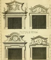 An illustration from The city and country builder's and workman's treasury of designs : or, The art of drawing and working the ornamental parts of architecture. Illustrated by upwards of four hundred grand designs, neatly engraved one hundred and eighty-fix Copper plates, for piers, gates, doors, windowns, niches, buffets, cisterns, chimney pieces, tabernacle frames, pavements, frets, gulochi's, pulpits, types, altar pieces, monuments, fonts, obelisques, pedestals, for sun-dials, busto's and stone tables, book-cafes, cielings and iron works ; proprortioned by Aliquot Pars ; with an appendix of fourteen plates of strusses for girders and beams, different sorts of rafters, and a variety of roofs, &c ; to which are prefix'd the five orders of columns, according to Andrea Palladio ; whose members are apportioned by Aliquot Pars, in a more easy manner, than has yet been done ; the whole interspersed with sure rules for working all the varieties of raking members in pediments, modilions, &c. the like, for the immediate use of workmen, never published before in any language (1741)