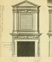 An illustration from The city and country builder's and workman's treasury of designs : or, The art of drawing and working the ornamental parts of architecture. Illustrated by upwards of four hundred grand designs, neatly engraved one hundred and eighty-fix Copper plates, for piers, gates, doors, windowns, niches, buffets, cisterns, chimney pieces, tabernacle frames, pavements, frets, gulochi's, pulpits, types, altar pieces, monuments, fonts, obelisques, pedestals, for sun-dials, busto's and stone tables, book-cafes, cielings and iron works ; proprortioned by Aliquot Pars ; with an appendix of fourteen plates of strusses for girders and beams, different sorts of rafters, and a variety of roofs, &c ; to which are prefix'd the five orders of columns, according to Andrea Palladio ; whose members are apportioned by Aliquot Pars, in a more easy manner, than has yet been done ; the whole interspersed with sure rules for working all the varieties of raking members in pediments, modilions, &c. the like, for the immediate use of workmen, never published before in any language (1741)