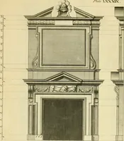 An illustration from The city and country builder's and workman's treasury of designs : or, The art of drawing and working the ornamental parts of architecture. Illustrated by upwards of four hundred grand designs, neatly engraved one hundred and eighty-fix Copper plates, for piers, gates, doors, windowns, niches, buffets, cisterns, chimney pieces, tabernacle frames, pavements, frets, gulochi's, pulpits, types, altar pieces, monuments, fonts, obelisques, pedestals, for sun-dials, busto's and stone tables, book-cafes, cielings and iron works ; proprortioned by Aliquot Pars ; with an appendix of fourteen plates of strusses for girders and beams, different sorts of rafters, and a variety of roofs, &c ; to which are prefix'd the five orders of columns, according to Andrea Palladio ; whose members are apportioned by Aliquot Pars, in a more easy manner, than has yet been done ; the whole interspersed with sure rules for working all the varieties of raking members in pediments, modilions, &c. the like, for the immediate use of workmen, never published before in any language (1741)