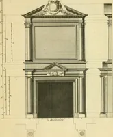 An illustration from The city and country builder's and workman's treasury of designs : or, The art of drawing and working the ornamental parts of architecture. Illustrated by upwards of four hundred grand designs, neatly engraved one hundred and eighty-fix Copper plates, for piers, gates, doors, windowns, niches, buffets, cisterns, chimney pieces, tabernacle frames, pavements, frets, gulochi's, pulpits, types, altar pieces, monuments, fonts, obelisques, pedestals, for sun-dials, busto's and stone tables, book-cafes, cielings and iron works ; proprortioned by Aliquot Pars ; with an appendix of fourteen plates of strusses for girders and beams, different sorts of rafters, and a variety of roofs, &c ; to which are prefix'd the five orders of columns, according to Andrea Palladio ; whose members are apportioned by Aliquot Pars, in a more easy manner, than has yet been done ; the whole interspersed with sure rules for working all the varieties of raking members in pediments, modilions, &c. the like, for the immediate use of workmen, never published before in any language (1741)