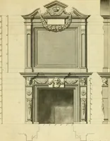 An illustration from The city and country builder's and workman's treasury of designs : or, The art of drawing and working the ornamental parts of architecture. Illustrated by upwards of four hundred grand designs, neatly engraved one hundred and eighty-fix Copper plates, for piers, gates, doors, windowns, niches, buffets, cisterns, chimney pieces, tabernacle frames, pavements, frets, gulochi's, pulpits, types, altar pieces, monuments, fonts, obelisques, pedestals, for sun-dials, busto's and stone tables, book-cafes, cielings and iron works ; proprortioned by Aliquot Pars ; with an appendix of fourteen plates of strusses for girders and beams, different sorts of rafters, and a variety of roofs, &c ; to which are prefix'd the five orders of columns, according to Andrea Palladio ; whose members are apportioned by Aliquot Pars, in a more easy manner, than has yet been done ; the whole interspersed with sure rules for working all the varieties of raking members in pediments, modilions, &c. the like, for the immediate use of workmen, never published before in any language (1741)