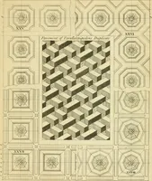 An illustration from The city and country builder's and workman's treasury of designs : or, The art of drawing and working the ornamental parts of architecture. Illustrated by upwards of four hundred grand designs, neatly engraved one hundred and eighty-fix Copper plates, for piers, gates, doors, windowns, niches, buffets, cisterns, chimney pieces, tabernacle frames, pavements, frets, gulochi's, pulpits, types, altar pieces, monuments, fonts, obelisques, pedestals, for sun-dials, busto's and stone tables, book-cafes, cielings and iron works ; proprortioned by Aliquot Pars ; with an appendix of fourteen plates of strusses for girders and beams, different sorts of rafters, and a variety of roofs, &c ; to which are prefix'd the five orders of columns, according to Andrea Palladio ; whose members are apportioned by Aliquot Pars, in a more easy manner, than has yet been done ; the whole interspersed with sure rules for working all the varieties of raking members in pediments, modilions, &c. the like, for the immediate use of workmen, never published before in any language (1741)
