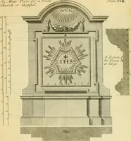 An illustration from The city and country builder's and workman's treasury of designs : or, The art of drawing and working the ornamental parts of architecture. Illustrated by upwards of four hundred grand designs, neatly engraved one hundred and eighty-fix Copper plates, for piers, gates, doors, windowns, niches, buffets, cisterns, chimney pieces, tabernacle frames, pavements, frets, gulochi's, pulpits, types, altar pieces, monuments, fonts, obelisques, pedestals, for sun-dials, busto's and stone tables, book-cafes, cielings and iron works ; proprortioned by Aliquot Pars ; with an appendix of fourteen plates of strusses for girders and beams, different sorts of rafters, and a variety of roofs, &c ; to which are prefix'd the five orders of columns, according to Andrea Palladio ; whose members are apportioned by Aliquot Pars, in a more easy manner, than has yet been done ; the whole interspersed with sure rules for working all the varieties of raking members in pediments, modilions, &c. the like, for the immediate use of workmen, never published before in any language (1741)