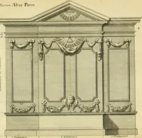 Picture 129 of 252 from The city and country builder's and workman's treasury of designs : or, The art of drawing and working the ornamental parts of architecture. Illustrated by upwards of four hundred grand designs, neatly engraved one hundred and eighty-fix Copper plates, for piers, gates, doors, windowns, niches, buffets, cisterns, chimney pieces, tabernacle frames, pavements, frets, gulochi's, pulpits, types, altar pieces, monuments, fonts, obelisques, pedestals, for sun-dials, busto's and stone tables, book-cafes, cielings and iron works ; proprortioned by Aliquot Pars ; with an appendix of fourteen plates of strusses for girders and beams, different sorts of rafters, and a variety of roofs, &c ; to which are prefix'd the five orders of columns, according to Andrea Palladio ; whose members are apportioned by Aliquot Pars, in a more easy manner, than has yet been done ; the whole interspersed with sure rules for working all the varieties of raking members in pediments, modilions, &c. the like, for the immediate use of workmen, never published before in any language (1741), leaf 240