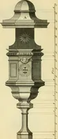 An illustration from The city and country builder's and workman's treasury of designs : or, The art of drawing and working the ornamental parts of architecture. Illustrated by upwards of four hundred grand designs, neatly engraved one hundred and eighty-fix Copper plates, for piers, gates, doors, windowns, niches, buffets, cisterns, chimney pieces, tabernacle frames, pavements, frets, gulochi's, pulpits, types, altar pieces, monuments, fonts, obelisques, pedestals, for sun-dials, busto's and stone tables, book-cafes, cielings and iron works ; proprortioned by Aliquot Pars ; with an appendix of fourteen plates of strusses for girders and beams, different sorts of rafters, and a variety of roofs, &c ; to which are prefix'd the five orders of columns, according to Andrea Palladio ; whose members are apportioned by Aliquot Pars, in a more easy manner, than has yet been done ; the whole interspersed with sure rules for working all the varieties of raking members in pediments, modilions, &c. the like, for the immediate use of workmen, never published before in any language (1741)