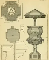 An illustration from The city and country builder's and workman's treasury of designs : or, The art of drawing and working the ornamental parts of architecture. Illustrated by upwards of four hundred grand designs, neatly engraved one hundred and eighty-fix Copper plates, for piers, gates, doors, windowns, niches, buffets, cisterns, chimney pieces, tabernacle frames, pavements, frets, gulochi's, pulpits, types, altar pieces, monuments, fonts, obelisques, pedestals, for sun-dials, busto's and stone tables, book-cafes, cielings and iron works ; proprortioned by Aliquot Pars ; with an appendix of fourteen plates of strusses for girders and beams, different sorts of rafters, and a variety of roofs, &c ; to which are prefix'd the five orders of columns, according to Andrea Palladio ; whose members are apportioned by Aliquot Pars, in a more easy manner, than has yet been done ; the whole interspersed with sure rules for working all the varieties of raking members in pediments, modilions, &c. the like, for the immediate use of workmen, never published before in any language (1741)