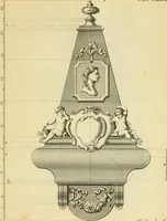 An illustration from The city and country builder's and workman's treasury of designs : or, The art of drawing and working the ornamental parts of architecture. Illustrated by upwards of four hundred grand designs, neatly engraved one hundred and eighty-fix Copper plates, for piers, gates, doors, windowns, niches, buffets, cisterns, chimney pieces, tabernacle frames, pavements, frets, gulochi's, pulpits, types, altar pieces, monuments, fonts, obelisques, pedestals, for sun-dials, busto's and stone tables, book-cafes, cielings and iron works ; proprortioned by Aliquot Pars ; with an appendix of fourteen plates of strusses for girders and beams, different sorts of rafters, and a variety of roofs, &c ; to which are prefix'd the five orders of columns, according to Andrea Palladio ; whose members are apportioned by Aliquot Pars, in a more easy manner, than has yet been done ; the whole interspersed with sure rules for working all the varieties of raking members in pediments, modilions, &c. the like, for the immediate use of workmen, never published before in any language (1741)