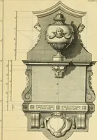 An illustration from The city and country builder's and workman's treasury of designs : or, The art of drawing and working the ornamental parts of architecture. Illustrated by upwards of four hundred grand designs, neatly engraved one hundred and eighty-fix Copper plates, for piers, gates, doors, windowns, niches, buffets, cisterns, chimney pieces, tabernacle frames, pavements, frets, gulochi's, pulpits, types, altar pieces, monuments, fonts, obelisques, pedestals, for sun-dials, busto's and stone tables, book-cafes, cielings and iron works ; proprortioned by Aliquot Pars ; with an appendix of fourteen plates of strusses for girders and beams, different sorts of rafters, and a variety of roofs, &c ; to which are prefix'd the five orders of columns, according to Andrea Palladio ; whose members are apportioned by Aliquot Pars, in a more easy manner, than has yet been done ; the whole interspersed with sure rules for working all the varieties of raking members in pediments, modilions, &c. the like, for the immediate use of workmen, never published before in any language (1741)