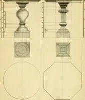 An illustration from The city and country builder's and workman's treasury of designs : or, The art of drawing and working the ornamental parts of architecture. Illustrated by upwards of four hundred grand designs, neatly engraved one hundred and eighty-fix Copper plates, for piers, gates, doors, windowns, niches, buffets, cisterns, chimney pieces, tabernacle frames, pavements, frets, gulochi's, pulpits, types, altar pieces, monuments, fonts, obelisques, pedestals, for sun-dials, busto's and stone tables, book-cafes, cielings and iron works ; proprortioned by Aliquot Pars ; with an appendix of fourteen plates of strusses for girders and beams, different sorts of rafters, and a variety of roofs, &c ; to which are prefix'd the five orders of columns, according to Andrea Palladio ; whose members are apportioned by Aliquot Pars, in a more easy manner, than has yet been done ; the whole interspersed with sure rules for working all the varieties of raking members in pediments, modilions, &c. the like, for the immediate use of workmen, never published before in any language (1741)