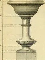 An illustration from The city and country builder's and workman's treasury of designs : or, The art of drawing and working the ornamental parts of architecture. Illustrated by upwards of four hundred grand designs, neatly engraved one hundred and eighty-fix Copper plates, for piers, gates, doors, windowns, niches, buffets, cisterns, chimney pieces, tabernacle frames, pavements, frets, gulochi's, pulpits, types, altar pieces, monuments, fonts, obelisques, pedestals, for sun-dials, busto's and stone tables, book-cafes, cielings and iron works ; proprortioned by Aliquot Pars ; with an appendix of fourteen plates of strusses for girders and beams, different sorts of rafters, and a variety of roofs, &c ; to which are prefix'd the five orders of columns, according to Andrea Palladio ; whose members are apportioned by Aliquot Pars, in a more easy manner, than has yet been done ; the whole interspersed with sure rules for working all the varieties of raking members in pediments, modilions, &c. the like, for the immediate use of workmen, never published before in any language (1741)