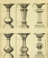 An illustration from The city and country builder's and workman's treasury of designs : or, The art of drawing and working the ornamental parts of architecture. Illustrated by upwards of four hundred grand designs, neatly engraved one hundred and eighty-fix Copper plates, for piers, gates, doors, windowns, niches, buffets, cisterns, chimney pieces, tabernacle frames, pavements, frets, gulochi's, pulpits, types, altar pieces, monuments, fonts, obelisques, pedestals, for sun-dials, busto's and stone tables, book-cafes, cielings and iron works ; proprortioned by Aliquot Pars ; with an appendix of fourteen plates of strusses for girders and beams, different sorts of rafters, and a variety of roofs, &c ; to which are prefix'd the five orders of columns, according to Andrea Palladio ; whose members are apportioned by Aliquot Pars, in a more easy manner, than has yet been done ; the whole interspersed with sure rules for working all the varieties of raking members in pediments, modilions, &c. the like, for the immediate use of workmen, never published before in any language (1741)