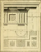 Picture 6 of 252 from The city and country builder's and workman's treasury of designs : or, The art of drawing and working the ornamental parts of architecture. Illustrated by upwards of four hundred grand designs, neatly engraved one hundred and eighty-fix Copper plates, for piers, gates, doors, windowns, niches, buffets, cisterns, chimney pieces, tabernacle frames, pavements, frets, gulochi's, pulpits, types, altar pieces, monuments, fonts, obelisques, pedestals, for sun-dials, busto's and stone tables, book-cafes, cielings and iron works ; proprortioned by Aliquot Pars ; with an appendix of fourteen plates of strusses for girders and beams, different sorts of rafters, and a variety of roofs, &c ; to which are prefix'd the five orders of columns, according to Andrea Palladio ; whose members are apportioned by Aliquot Pars, in a more easy manner, than has yet been done ; the whole interspersed with sure rules for working all the varieties of raking members in pediments, modilions, &c. the like, for the immediate use of workmen, never published before in any language (1741), leaf 34