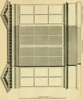 An illustration from The city and country builder's and workman's treasury of designs : or, The art of drawing and working the ornamental parts of architecture. Illustrated by upwards of four hundred grand designs, neatly engraved one hundred and eighty-fix Copper plates, for piers, gates, doors, windowns, niches, buffets, cisterns, chimney pieces, tabernacle frames, pavements, frets, gulochi's, pulpits, types, altar pieces, monuments, fonts, obelisques, pedestals, for sun-dials, busto's and stone tables, book-cafes, cielings and iron works ; proprortioned by Aliquot Pars ; with an appendix of fourteen plates of strusses for girders and beams, different sorts of rafters, and a variety of roofs, &c ; to which are prefix'd the five orders of columns, according to Andrea Palladio ; whose members are apportioned by Aliquot Pars, in a more easy manner, than has yet been done ; the whole interspersed with sure rules for working all the varieties of raking members in pediments, modilions, &c. the like, for the immediate use of workmen, never published before in any language (1741)