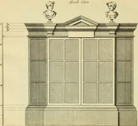 An illustration from The city and country builder's and workman's treasury of designs : or, The art of drawing and working the ornamental parts of architecture. Illustrated by upwards of four hundred grand designs, neatly engraved one hundred and eighty-fix Copper plates, for piers, gates, doors, windowns, niches, buffets, cisterns, chimney pieces, tabernacle frames, pavements, frets, gulochi's, pulpits, types, altar pieces, monuments, fonts, obelisques, pedestals, for sun-dials, busto's and stone tables, book-cafes, cielings and iron works ; proprortioned by Aliquot Pars ; with an appendix of fourteen plates of strusses for girders and beams, different sorts of rafters, and a variety of roofs, &c ; to which are prefix'd the five orders of columns, according to Andrea Palladio ; whose members are apportioned by Aliquot Pars, in a more easy manner, than has yet been done ; the whole interspersed with sure rules for working all the varieties of raking members in pediments, modilions, &c. the like, for the immediate use of workmen, never published before in any language (1741)
