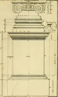 An illustration from The city and country builder's and workman's treasury of designs : or, The art of drawing and working the ornamental parts of architecture. Illustrated by upwards of four hundred grand designs, neatly engraved one hundred and eighty-fix Copper plates, for piers, gates, doors, windowns, niches, buffets, cisterns, chimney pieces, tabernacle frames, pavements, frets, gulochi's, pulpits, types, altar pieces, monuments, fonts, obelisques, pedestals, for sun-dials, busto's and stone tables, book-cafes, cielings and iron works ; proprortioned by Aliquot Pars ; with an appendix of fourteen plates of strusses for girders and beams, different sorts of rafters, and a variety of roofs, &c ; to which are prefix'd the five orders of columns, according to Andrea Palladio ; whose members are apportioned by Aliquot Pars, in a more easy manner, than has yet been done ; the whole interspersed with sure rules for working all the varieties of raking members in pediments, modilions, &c. the like, for the immediate use of workmen, never published before in any language (1741)
