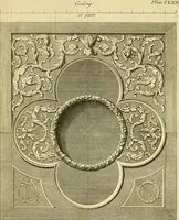 An illustration from The city and country builder's and workman's treasury of designs : or, The art of drawing and working the ornamental parts of architecture. Illustrated by upwards of four hundred grand designs, neatly engraved one hundred and eighty-fix Copper plates, for piers, gates, doors, windowns, niches, buffets, cisterns, chimney pieces, tabernacle frames, pavements, frets, gulochi's, pulpits, types, altar pieces, monuments, fonts, obelisques, pedestals, for sun-dials, busto's and stone tables, book-cafes, cielings and iron works ; proprortioned by Aliquot Pars ; with an appendix of fourteen plates of strusses for girders and beams, different sorts of rafters, and a variety of roofs, &c ; to which are prefix'd the five orders of columns, according to Andrea Palladio ; whose members are apportioned by Aliquot Pars, in a more easy manner, than has yet been done ; the whole interspersed with sure rules for working all the varieties of raking members in pediments, modilions, &c. the like, for the immediate use of workmen, never published before in any language (1741)