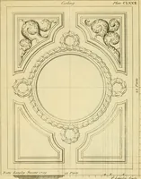 Picture 203 of 252 from The city and country builder's and workman's treasury of designs : or, The art of drawing and working the ornamental parts of architecture. Illustrated by upwards of four hundred grand designs, neatly engraved one hundred and eighty-fix Copper plates, for piers, gates, doors, windowns, niches, buffets, cisterns, chimney pieces, tabernacle frames, pavements, frets, gulochi's, pulpits, types, altar pieces, monuments, fonts, obelisques, pedestals, for sun-dials, busto's and stone tables, book-cafes, cielings and iron works ; proprortioned by Aliquot Pars ; with an appendix of fourteen plates of strusses for girders and beams, different sorts of rafters, and a variety of roofs, &c ; to which are prefix'd the five orders of columns, according to Andrea Palladio ; whose members are apportioned by Aliquot Pars, in a more easy manner, than has yet been done ; the whole interspersed with sure rules for working all the varieties of raking members in pediments, modilions, &c. the like, for the immediate use of workmen, never published before in any language (1741), leaf 368