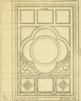 An illustration from The city and country builder's and workman's treasury of designs : or, The art of drawing and working the ornamental parts of architecture. Illustrated by upwards of four hundred grand designs, neatly engraved one hundred and eighty-fix Copper plates, for piers, gates, doors, windowns, niches, buffets, cisterns, chimney pieces, tabernacle frames, pavements, frets, gulochi's, pulpits, types, altar pieces, monuments, fonts, obelisques, pedestals, for sun-dials, busto's and stone tables, book-cafes, cielings and iron works ; proprortioned by Aliquot Pars ; with an appendix of fourteen plates of strusses for girders and beams, different sorts of rafters, and a variety of roofs, &c ; to which are prefix'd the five orders of columns, according to Andrea Palladio ; whose members are apportioned by Aliquot Pars, in a more easy manner, than has yet been done ; the whole interspersed with sure rules for working all the varieties of raking members in pediments, modilions, &c. the like, for the immediate use of workmen, never published before in any language (1741)